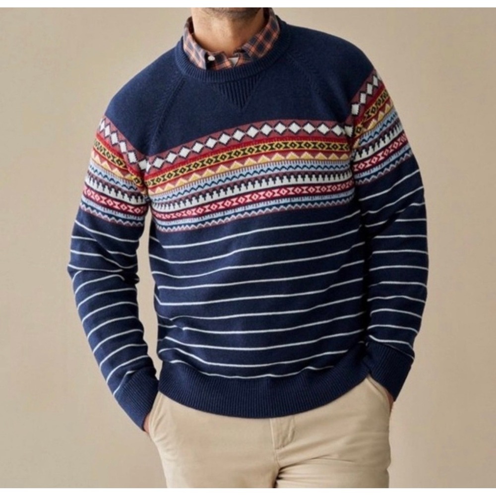 LL Bean Mens Fair Isle Cotton Cashmere Sweater Small Blue Stripe Preppy Cabin